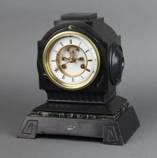 A Victorian 8 day striking mantel clock with Roman numerals, enamelled dial and visible escapement, the back plate marked FC 2611, contained in a black marble architectural case 26cm h x 23cm w x 15cm d, complete with pendulum and key  