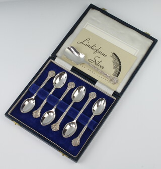 A set of 6 silver Lindisfarne teaspoons Sheffield 1977, 96 grams, cased, together with a ditto caddy spoon 22 grams  