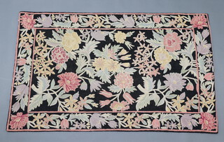 A black, white and pink ground Kashmir style floral stitchwork panel 145cm x 90cm