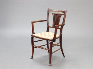 An Edwardian inlaid mahogany stick and rail back open arm chair with upholstered seat 85cm h x 53cm w x 40cm d (seat 29cm x 28cm) 