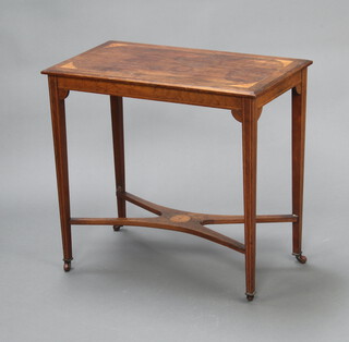 An Edwardian rectangular rosewood occasional table inlaid satinwood stringing raised on square supports with X framed stretcher 70cm h x 76cm w x 40cm d  