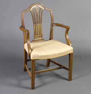 A Hepplewhite style painted open armchair with gilt swag decoration and overstuffed seat, raised on square tapered supports with H framed stretcher 94cm h x 59cm w x 46cm d (seat 32cm x 31cm)  