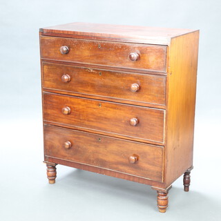 A Victorian mahogany chest of 4 drawers with tore handles and brass escutcheons, raised on turned supports 109cm h x 92cm w x 44cm d 