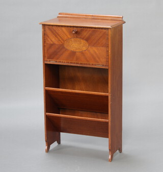 A 1930's inlaid mahogany shoe tidy with raised back and fall front, the base fitted 2 shelves 89cm h x 48cm w x 24cm d 