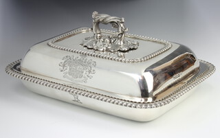 A Victorian silver entree set with cast foliate handle, engraved with a crest of the Davies family of Maesmawr Hall, London 1843, maker William Ker Reid, 1790 grams 