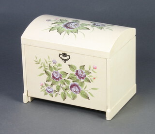 A white and floral painted domed jewellery box, the hinged lid revealing a mirror, the top fitted a tray above 4 long drawers 30cm h x 36cm x 24cm 