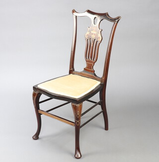 An Edwardian inlaid mahogany slat back dining chair with pierced vase shaped slat back and upholstered drop in seat, raised on cabriole supports 88cm h x 40cm w x 40cm d (seat 27cm x 24cm) 