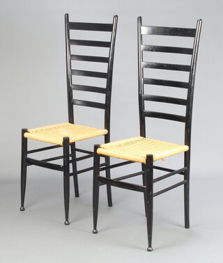 Gio Ponti, a pair of mid-Century black ebonised ladderback dining chairs with woven cane seats raised on turned supports with box framed stretchers 109cm h x 37cm w x 15cm d (seat 24cm x 24cm) 