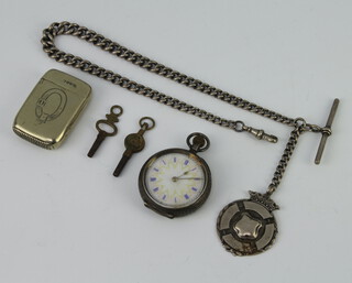 A silver Albert and fob 39 grams, a lady's Continental silver fob watch (not working), a plated vesta 