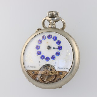 A silver plated cased 8 day mechanical movement pocket watch with visible movement and enamelled 3/4 dial in a 40mm case