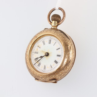 A lady's Edwardian yellow metal 14ct fob watch with enamelled dial, contained in a 30mm case (not working) 