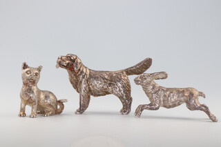 A cast silver figure of a retriever 4.5cm, a ditto of a hare 4cm and a cat 2cm, 66 grams  