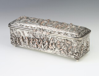 A 19th Century silver plated Dutch rounded rectangular trinket box decorated profusely with figures raised on turned legs, 25cm, stamped Kn3  