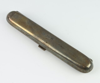 A silver torpedo shaped cigar case London 1925 with monogram, 72 grams, 14.5cm