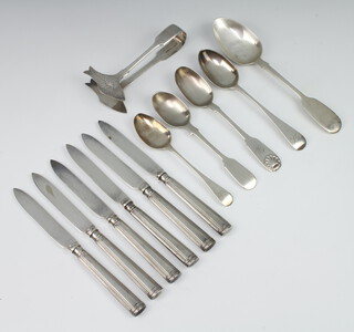 A Victorian silver teaspoon London 1895, 4 others, 114 grams, 6 silver handled knives and sardine nips