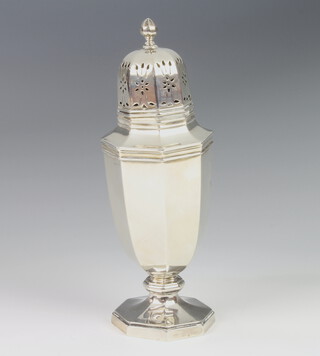 A Queen Anne style silver octagonal shaker Sheffield 1938, 19cm, 190 grams