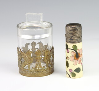 An Edwardian porcelain silver plated mounted scent together with a mounted glass jar (a/f)