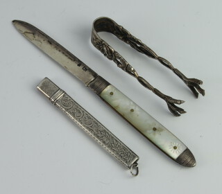 A silver and mother of pearl fruit knife, a silver pencil holder and a pair of 800 sugar nips 