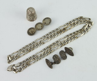 A silver flat link necklace and minor silver items 74 grams 