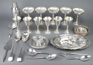 A silver plated cocktail shaker, 6 goblets and minor plated wares