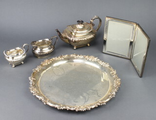 A silver plated Georgian style 3 piece tea set, a folding photograph frame and a tray 