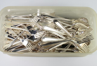A canteen of silver plated beaded cutlery comprising 12 dinner knives, 12 dinner forks, 12 dessert knives, 12 dessert forks, 12 fish knives, 12 fish forks, 12 teaspoons, 12 soup spoons, 12 dessert spoons, 12 coffee spoons