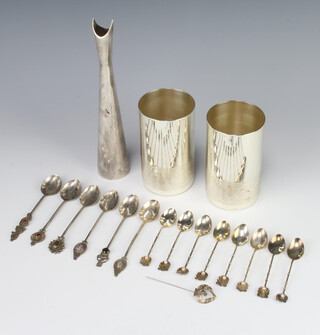 Eight white metal teaspoons and 6 ditto with hardstone mounts, gross weight 80 grams together with minor plated wares
