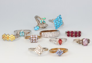 Four 9ct white gold gem set rings, 2 9ct yellow gold gem set rings, sizes I, L, L, L, N, and N 1/2, together with 5 silver dress rings 