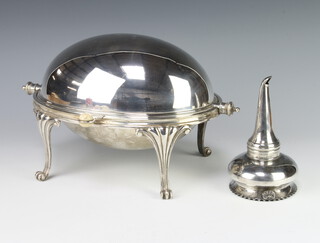 An Edwardian silver plated breakfast server on scroll legs 28cm  together with a plated wine funnel 