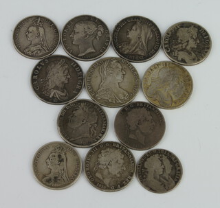 A Charles II silver crown 1662 and 2 others, 3 George III ditto and 6 other coins, 309 grams