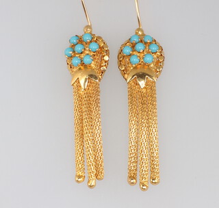A pair of yellow metal turquoise and mesh drop earrings 14.3 grams gross, 6cm 