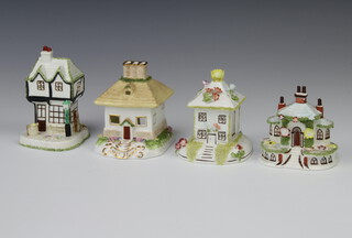 Four Coalport cottages - The Summer House 10cm, The Old Curiosity Shop 11cm, Keepers Cottage 10cm and Chimney House 11cm 