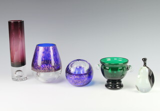 A Studio Glass 2 handled green pedestal bowl 10cm, 2 vases 10cm and 15cm, a cylindrical ditto 24cm and a pear paperweight 12cm 