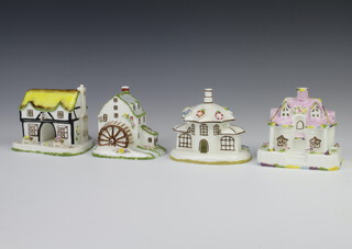 Four Coalport cottages - The Country Cottage 12cm, The Watermill 12cm, The Parasol House 10cm and The Coaching Inn 10cm 