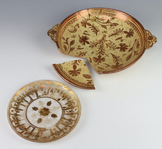 A 19th Century lustre 2 handled shallow bowl decorated with stylised flowers and leaves 30cm, together with a Continental 19th Century gilt decorated shallow dish 19cm 