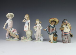 A Lladro figure of a boy pushing a barrow of flowers (a/f) 23cm, ditto girl holding a hat 22cm, girl holding a bouquet of flowers with a bird on her hand (a/f), a matt figure of a Mexican boy 20cm (chipped thumb) and a ditto of a girl 17cm 