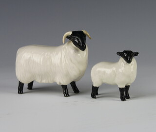A Beswick black faced Sheep no.1765 modelled by Mr Garbet, black and white gloss 8.3cm together with a black faced Lamb no.1828 modelled by Mr Garbet 9.5cm, black and white gloss 
