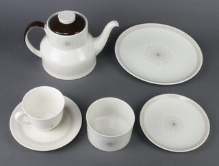 A Royal Doulton Morning Star pattern coffee set comprising coffee pot, 5 coffee cups, tea cups, sugar bowl, 4 tea saucers, 7 coffee saucers, 6 dinner plates and 6 side plates 