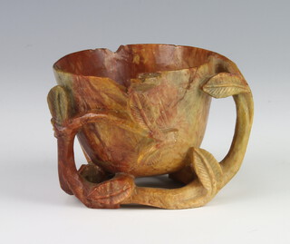 A late 19th Century Chinese carved soapstone libation cup with leaf handle 9cm 