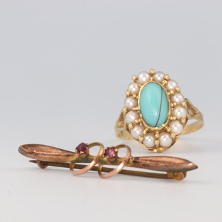 A yellow metal oval turquoise and seed pearl ring, the centre stone 10mm x 5mm, the 12 seed pearls each 3mm, 3.1 grams, size N together with a 9ct bar brooch gross 1 gram