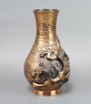 A stylish Japanese coppered club shaped vase decorated a dragon, 30cm h x 10cm diam.  