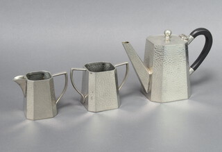 Park Pewter, a 3 piece planished pewter coffee service, base marked Park Pewter M1149 with coffee pot 12cm h, twin handled sugar bowl and cream jug  