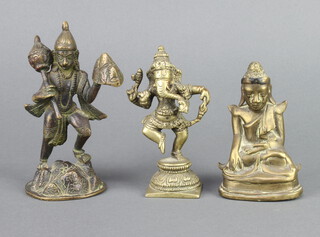 A gilt bronze figure of a standing Ganesh 12cm h x 4cm x 4cm, a bronze seated buddha 10cm x 6cm x 5cm and 1 other figure 4cm x 6cm x 6cm 
