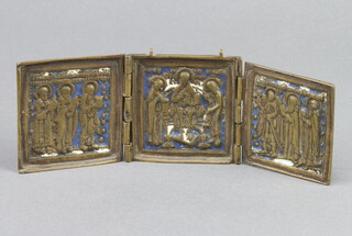 A bronze triptych icon decorated saints and other figures 16cm x 5cm 
