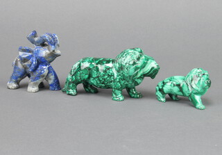 A carved malachite figure of a standing lion 5cm x 10cm x 1cm, 1 other 4cm x 6cm x 3cm (back leg a/f) and a blue hardstone figure of a standing elephant 7cm x 6cm x 2cm 