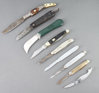 A Spanish folding knife, the blade decorated a matador with horn and tortoiseshell grip, Richards of Sheffield a twin bladed folding knife with horn effect grip, 2 other knives (1 with section of grip missing), a military folding knife, a Wilkinson Sword folding pruning knife and 3 other folding knives  