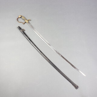 A German sword with 85cm plain blade and gilt knuckle guard, contained in a black painted metal scabbard 