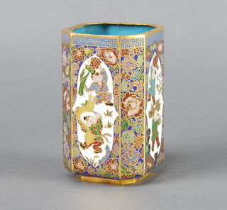 Risis, 20th Century octagonal cloisonne enamelled vase decorated figures 11cm x 6cm x 6cm
