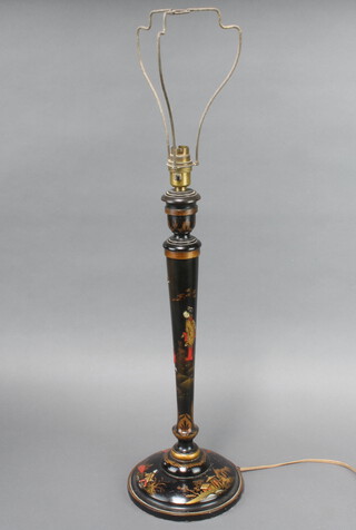 A 1930's chinoiserie style black lacquered table lamp raised on a circular base decorated figures 46cm h x 17cm 