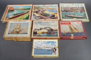 Six Victory jigsaw puzzles - New York Harbour, Seaside Traffic, HMS Victory, HMS Oriana at Sydney Harbour, P&O Liner Arcadia at Aiden Harbour, a Tropical Series puzzle and 2 other wooden puzzles  